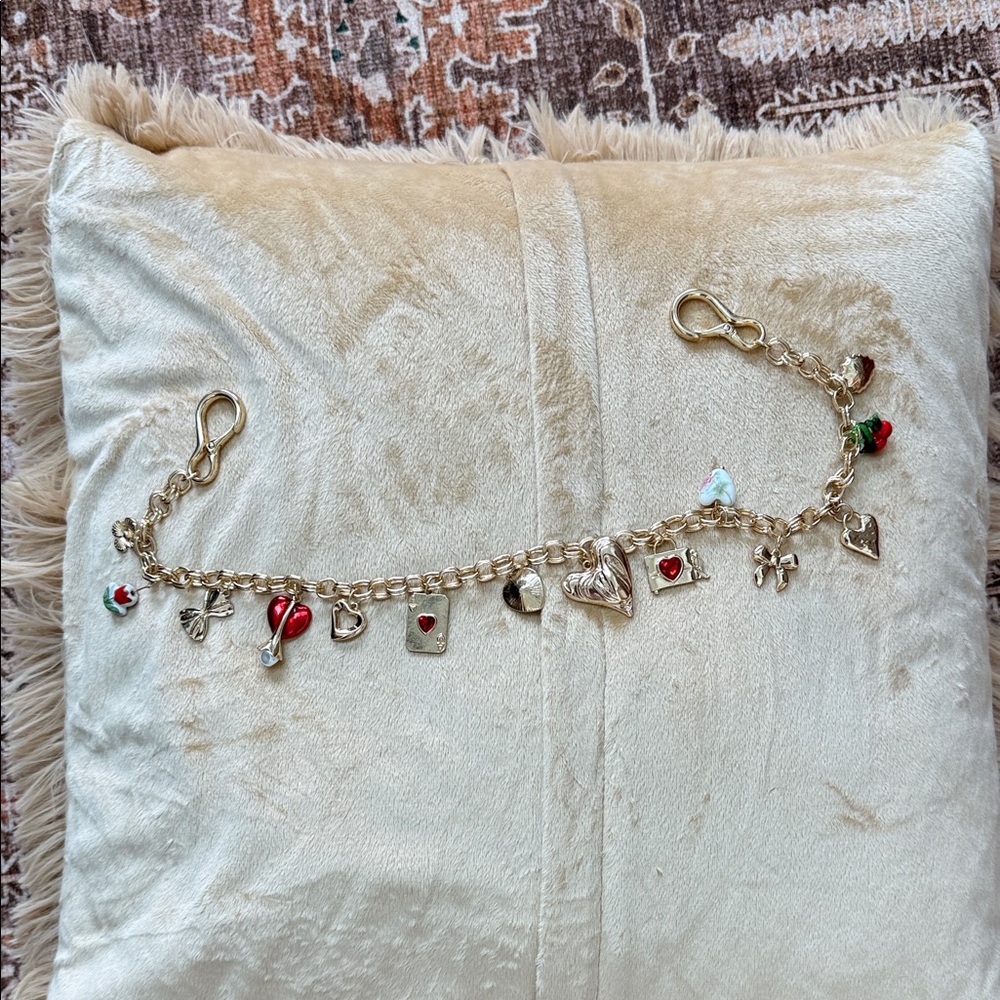 Gold-Tone Heart & Charm Link Bracelet with Red Accents